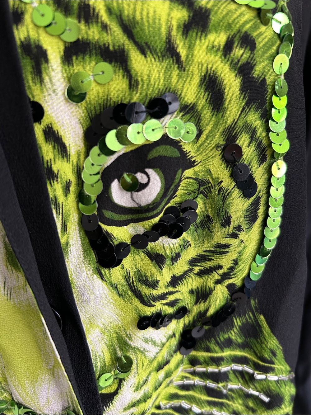 Vintage Diane Gilman neon green silk, a leopard sequin button down blouse M - Picture 11 of 13